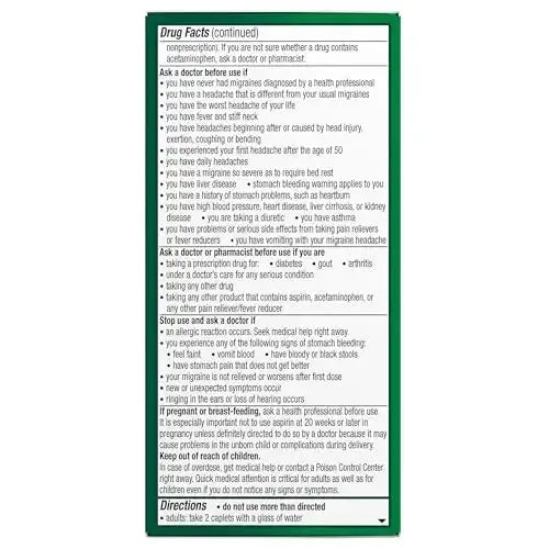 Excedrin Migraine Relief Caplets for Migraine Symptoms, Acetaminophen 250mg, Aspirin 250mg, Caffeine 65mg, Pain Reliever, 100 Count GlaxoSmithKlineAu supplements