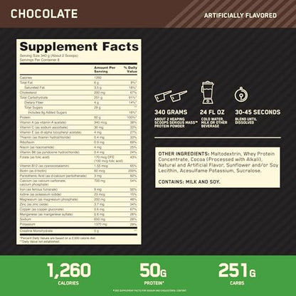 Optimum Nutrition Serious Mass, Weight Gainer Protein Powder, Chocolate, 6 Pound Optimum NutritionUS supplements