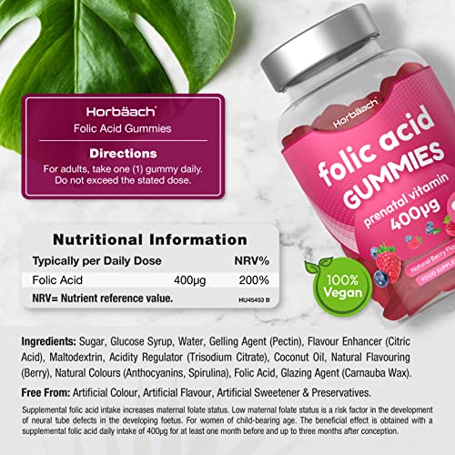 Folic Acid Gummies 400 mcg | 90 Count | Natural Berry Flavour | High Strength Prenatal HorbäachUS supplements