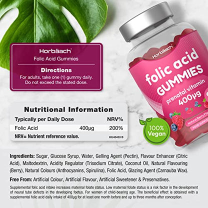 Folic Acid Gummies 400 mcg | 90 Count | Natural Berry Flavour | High Strength Prenatal HorbäachUS supplements