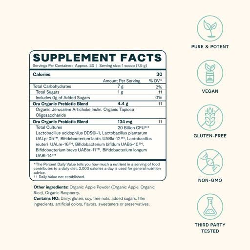 Ora Organic Prebiotic and Probiotic Powder Supplement - 20 Billion Probiotics, 7 Strains for Best Prebiotic Powder, Non-GMO, Probiotics for Women, Men & Kids - Apple Raspberry Flavor, 30 Servings… Ora OrganicUS supplements