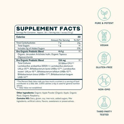 Ora Organic Prebiotic and Probiotic Powder Supplement - 20 Billion Probiotics, 7 Strains for Best Prebiotic Powder, Non-GMO, Probiotics for Women, Men & Kids - Apple Raspberry Flavor, 30 Servings… Ora OrganicUS supplements