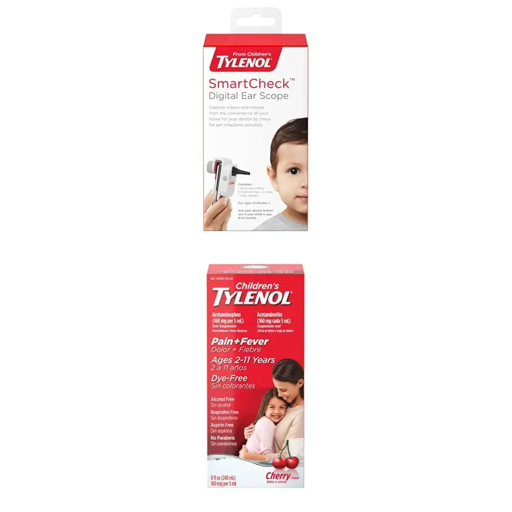 SmartCheck Digital Ear Scope from Children's Tylenol, Otoscope with Light, 1 Otoscope Clamp, 12 Specula Tips + Children's Tylenol Pain + Fever Medicine with Acetaminophen, 8 fl. oz TylenolAu supplements