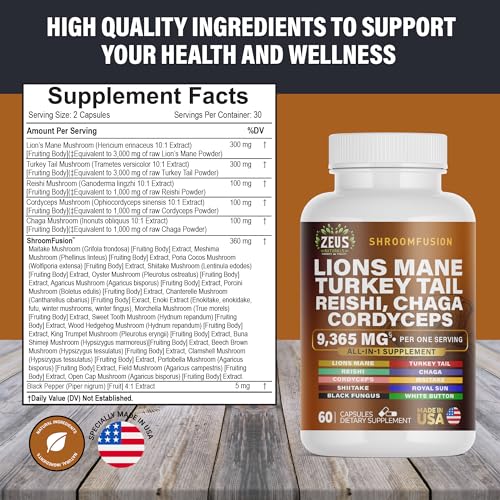 Zeus Naturals Lions Mane Capsules, Mushroom Supplement with Turkey Tail, Cordyceps Zeus NaturalsUS supplements