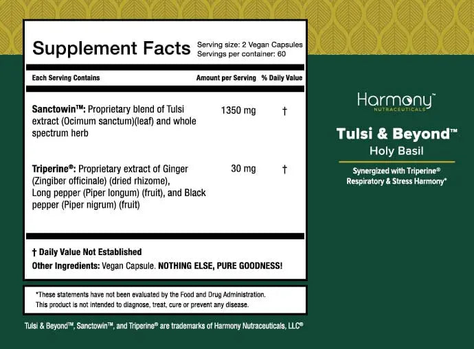 Tulsi - Holy Basil Supplement - Highest Potency, Maximum bio-availabilty, Made with Organic Herbs (Vegetarian Capsules, 120 Count) Harmony Nutraceuticalsnz supplements