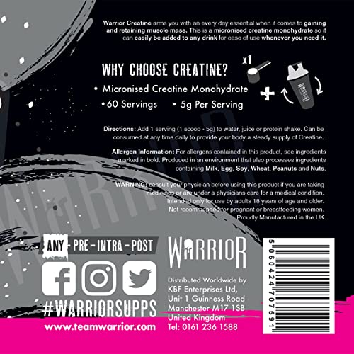 Warrior Creatine Monohydrate Powder – 300g – Micronised for Easy Mixing and Consumpti WarriorUS supplements