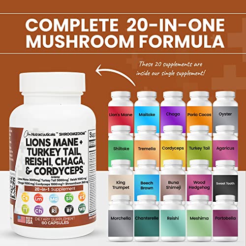Lions Mane 3000mg 20in1 Mushroom Supplement with Turkey Tail 2000mg Clean NutraceuticalsUS supplements