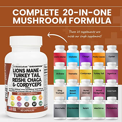 Lions Mane 3000mg 20in1 Mushroom Supplement with Turkey Tail 2000mg Clean NutraceuticalsUS supplements