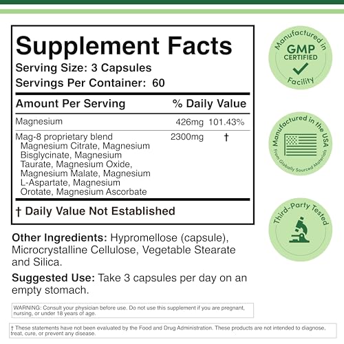 Magnesium Complex Supplement 180 Capsules (426mg Elemental Magnesium Provided by 2,300mg of Eight Different Forms of Magnesium) MAG-8 Provides 100% Daily Recommended Value of Magnesium by Double Wood Double Wood SupplementsAu supplements