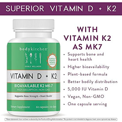 Body Kitchen Vegan Plant-Based Vitamin D3 + K2 (MK7) Supplement, Bone and Heart Body KitchenUS supplements