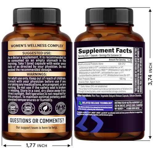 Probiotics for Women 50 Billion CFU - Vaginal Probiotics Clinically Proven for Yeast & pH Balance - Digestion & Bloating Relief - 8 Strains + Prebiotics - Delay Release - Made in USA, 30 Capsules NUTRAHARMONYAu supplements