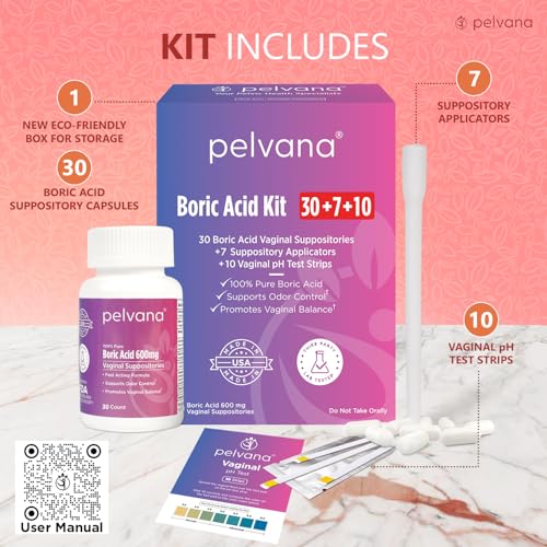 Pelvana Boric Acid Suppositories for Women 30 + 7 Applicators + 10 pH Test Strips PelvanaAu supplements