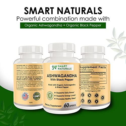 Smart Naturals Organic Ashwagandha with Black Pepper Herbal Supplements, Relieves Smart NaturalsUS supplements