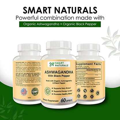 Smart Naturals Organic Ashwagandha with Black Pepper Herbal Supplements, Relieves Smart NaturalsUS supplements