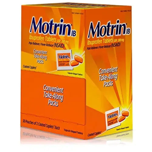 Motrin IB, Ibuprofen 200mg Tablets, NSAID Pain & Fever Reliever for Headache, Backache, Muscular Aches, Arthritis Pain Reliever, 50 Travel Packets of 2, 100 ct MotrinAu supplements