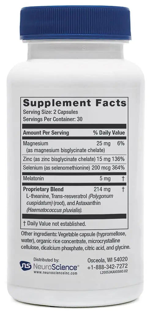 Neuroscience Kavinace OS - Sleep Aid Formula with Melatonin 5mg + L-Theanine - Nighttime Cellular Health Blend for Sleep Efficiency and Immune Support (60 Capsules) NeuroSciencenz supplements