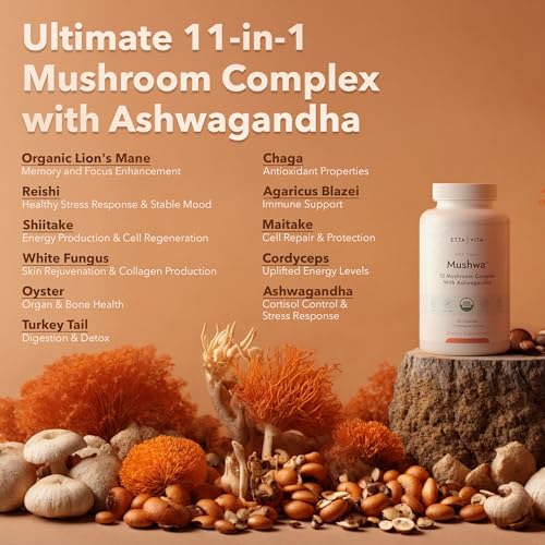 USDA Organic Lions Mane Supplement Capsules with Ashwagandha, Chaga, Reishi, Cordyceps Etta VitaAu supplements