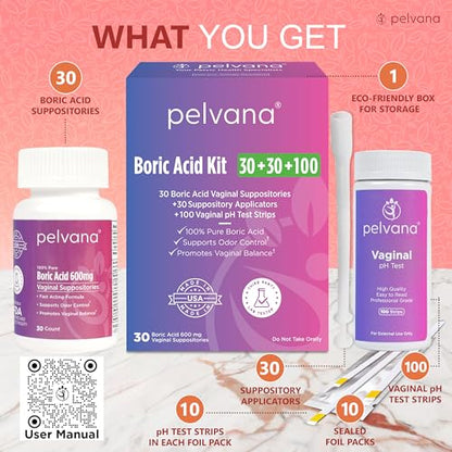 Pelvana Boric Acid Suppositories 30 + 30 Applicators + 100 pH Test Strips = 160 Piece PelvanaUS supplements