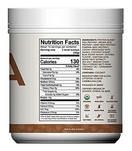ALOHA Organic Plant Based Protein Powder, Stevia Free, Chocolate, 19.6 oz, 15 Servings ALOHAUS supplements