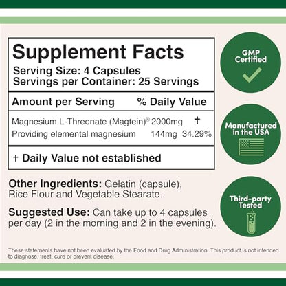 Magnesium L Threonate Capsules (Magtein) – High Absorption Supplement – Bioavailable Double Wood SupplementsUS supplements