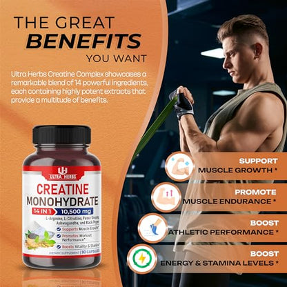 Ultra Creatine Pills Muscle Growth 9800mg Creatine Monohydrate Capsules w Ginseng ULTRA HERBSUS supplements
