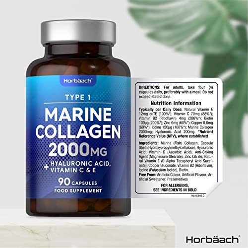 Marine Collagen Capsules | with Hyaluronic Acid, Vitamin C & E | 2000mg | High Strength Type 1 Collagen HorbäachAu supplements
