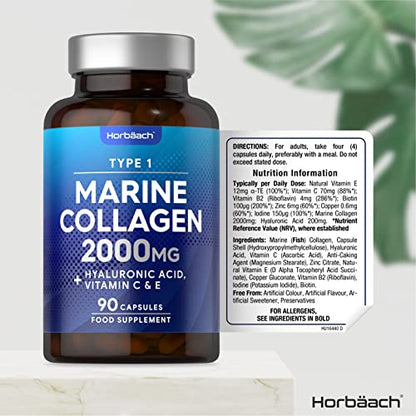 Marine Collagen Capsules | with Hyaluronic Acid, Vitamin C & E | 2000mg | High Strength Type 1 Collagen HorbäachUS supplements