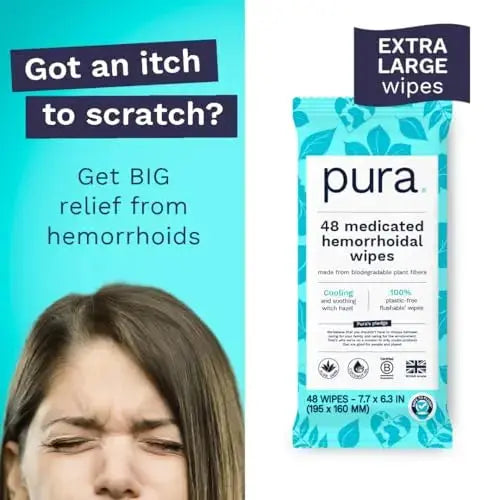 Pura Flushable Hemorrhoid Wipes XL, 48 Count, Medicated with Cooling Witch Hazel, Aloe & Coconut Oil, Fast Relief, Fragrance-Free, 100% Plastic-Free PuraAu supplements