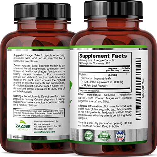 Zazzee Extra Strength Mullein 10:1 Extract, 3000 mg Strength, 120 Vegan Capsules ZazzeeAu supplements