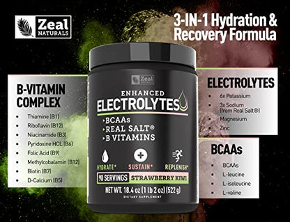 Enhanced Electrolyte Powder (Strawberry Kiwi | 90ct.) Sugar Free + BCAA, B-Vitamins Zeal NaturalsUS supplements