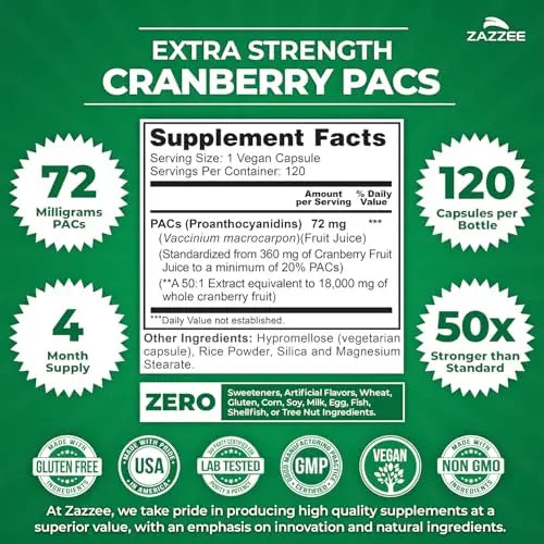 Zazzee Cranberry PACs, 72 mg PACs per Capsule, 2X Strength, 100% Soluble, 120 Vegan Capsules, 50:1 Extract, 18,200 mg Strength, Fast-Acting, Effective Urinary Tract Support, Made in The USA ZazzeeAu supplements