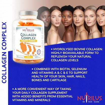 Collagen Complex 90 Natural Pineapple Gummies 500mg - Large Pack - with Biotin & Selenium NutrilusUS supplements
