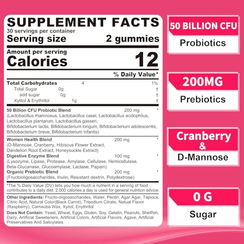 Probiotics for Women Gummies, Sugar Free Vaginal Probiotics 50 Billion CFU 10 Strains w/ Cranberry NEVISSAu supplements