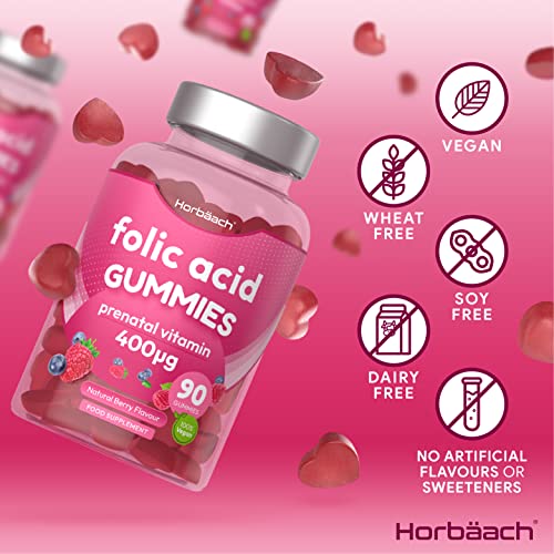 Folic Acid Gummies 400 mcg | 90 Count | Natural Berry Flavour | High Strength Prenatal HorbäachUS supplements