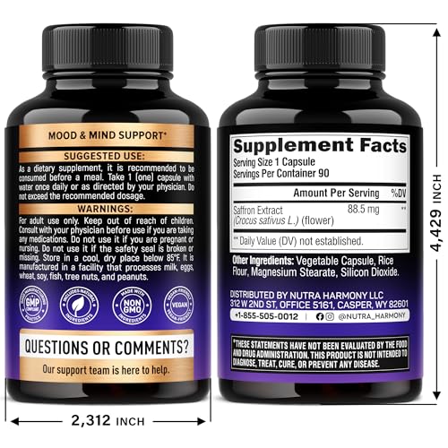 Natural Saffron Supplements - Pure Saffron Extract 88.5 mg - Made in USA - Mood | Focus | Vision | Energy Support - Eye Health for Women & Men - NonGMO Vegan Pills - 90 Powder Capsules, 3 Month Supply NUTRAHARMONYAu supplements