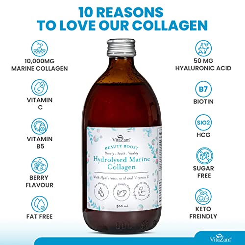 VitaZam Marine Collagen Liquid 10000mg with Hyaluronic Acid, Hydrolysed Peptide, Biotin for Hair, Skin, Nails, Joint, and Muscles, 500 ml VitaZamAu supplements