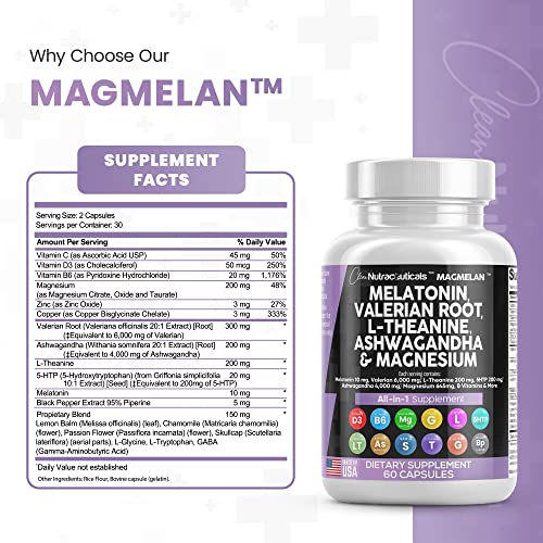 Melatonin 10mg Valerian Root 6000mg L Theanine 200mg Ashwagandha Clean NutraceuticalsUS supplements
