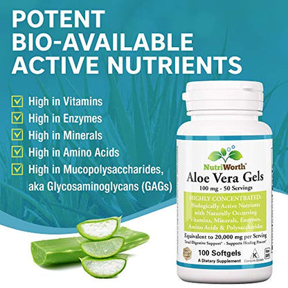 NutriWorth Aloe Vera Supplement (100 Softgels) 20,000mg Pure Gel Equivalency NutriWorthUS supplements