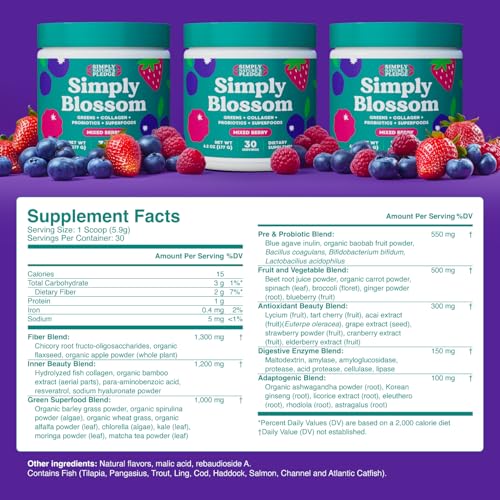 Simply Blossom Nutrition - Daily Greens & Superfood Powder + Collagen + Probiotics for Women's Digestive Health & Bloating Relief. Help Your Health Bloom - 2 Month Supply Simply Nature's PledgeAu supplements