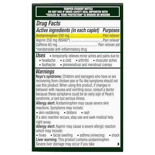 Excedrin Extra Strength Caplets for Headache Pain Relief, Acetaminophen 250mg, Aspirin 250mg, Caffeine 65mg, Pain Reliever, 24 count ExcedrinAu supplements