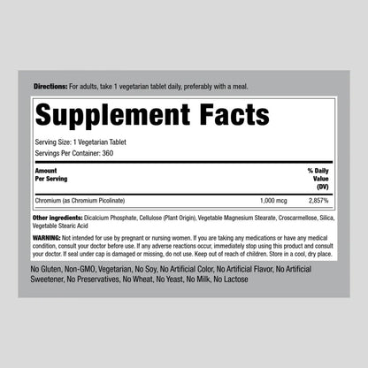 Chromium Picolinate 1000 mcg | 360 Tablets | Chromium Supplement | Vegetarian, Non-GMO Piping RockUS supplements