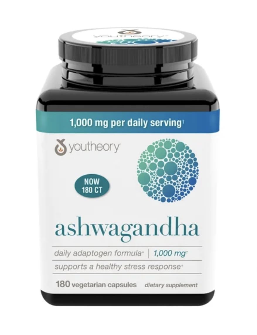 Youtheory Ashwagandha 1000mg with KSM-66 - Helps Support a Healthy Stress Response,180 Capsules (Pack of 1) YoutheoryAu supplements