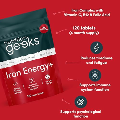 Iron Tablets High Strength Tablets with Vitamin C, B12 & Folic Acid - 120 Vegan Supplement Nutrition GeeksUS supplements