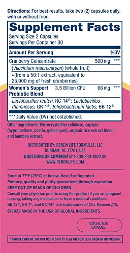 Renew Life Women's Wellness Vaginal and Urinary Probiotic and Cranberry Supplement Renew LifeUS supplements