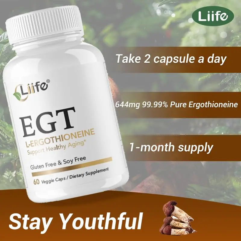 LIIFE L-Ergothioneine Supplement (EGT) 30mg,Compound Antioxidant Supplement (May Support Longevity and Healthy Aging) Promotes Skin Health，60 Capsules，Non-GMO, Gluten Free, Vegan Safe LIIFEAu supplements