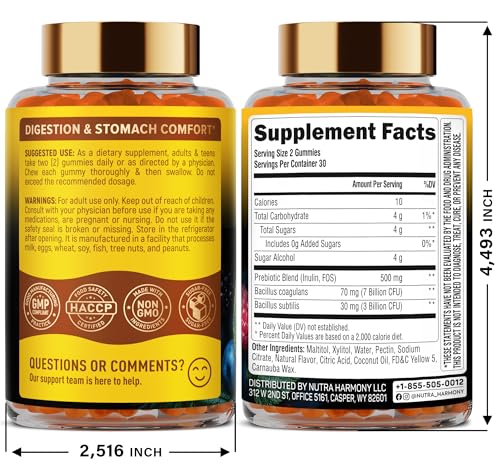 Probiotic Gummies 10B CFU with Prebiotic Fiber - Digestion & Immune Support - Debloat, Stomach & Gut Comfort - Probiotics for Women & Men - Natural Berry Flavor - Vegan & Sugar-free - 60 Gummies NUTRAHARMONYAu supplements