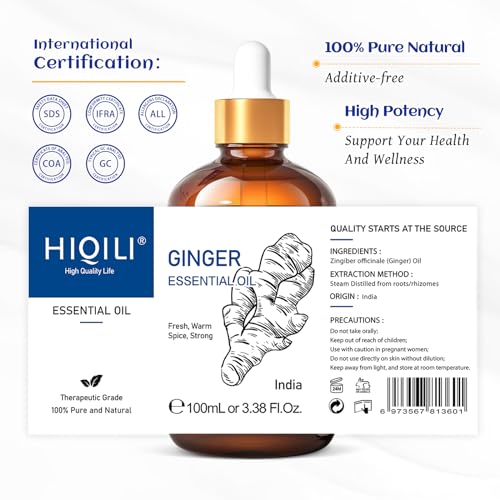 HIQILI Pure Ginger Essential Oil 3.38 Fl Oz, Pure Natural Premium Ginger Oil for Massage HIQILIUS supplements