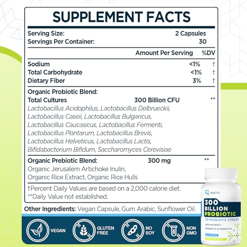 Probiotics for Women Men: 300 Billion CFU Probiotic High Potency + 12 Strains Organic RSETUAu supplements