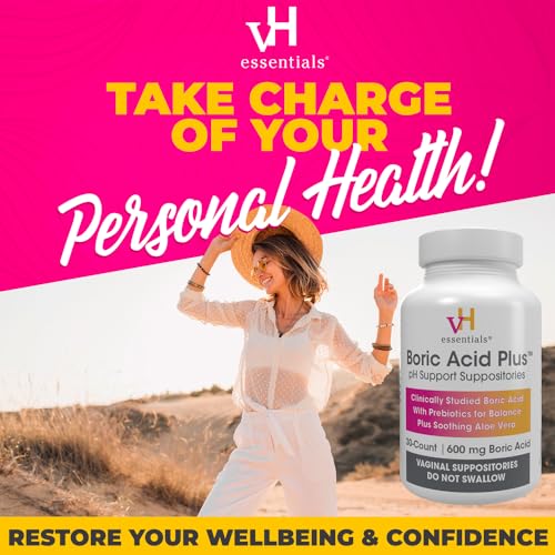 vH essentials Boric Acid Plus Vaginal Suppositories, Prebiotic Infused with Soothing Aloe Vera, pH vH essentialsAu supplements