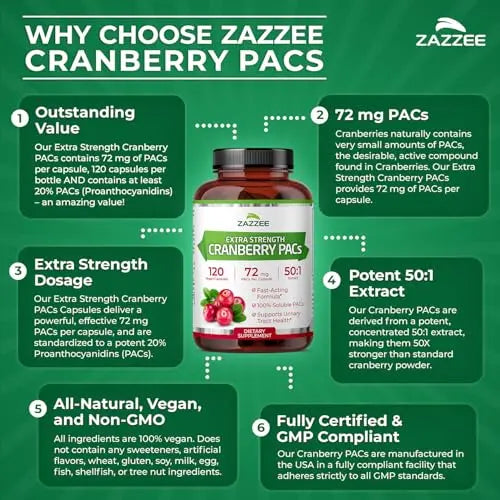 Zazzee Cranberry PACs, 72 mg PACs per Capsule, 2X Strength, 100% Soluble, 120 Vegan Capsules, 50:1 Extract, 18,200 mg Strength, Fast-Acting, Effective Urinary Tract Support, Made in The USA ZazzeeAu supplements